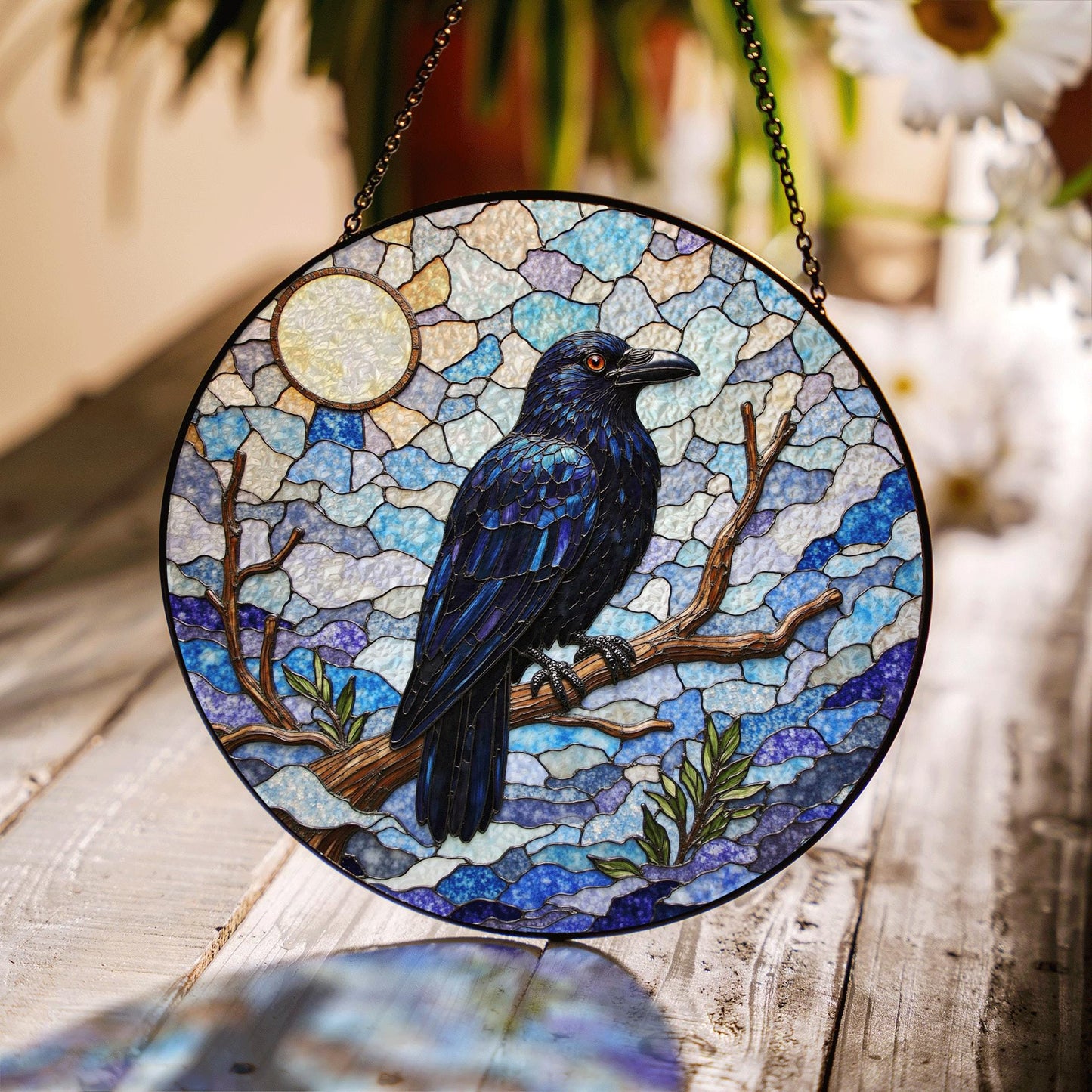 raven on branch in mosaic forest stained glass suncatcher gift for nature lovers