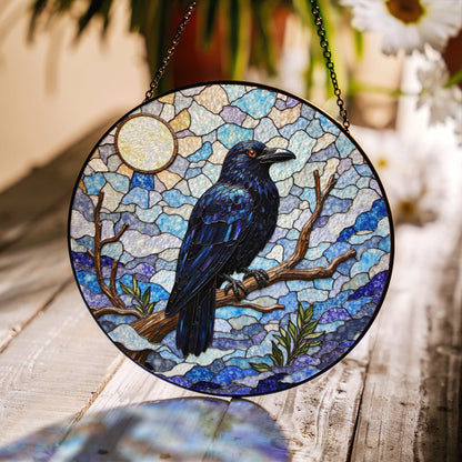raven on branch in mosaic forest stained glass suncatcher gift for nature lovers