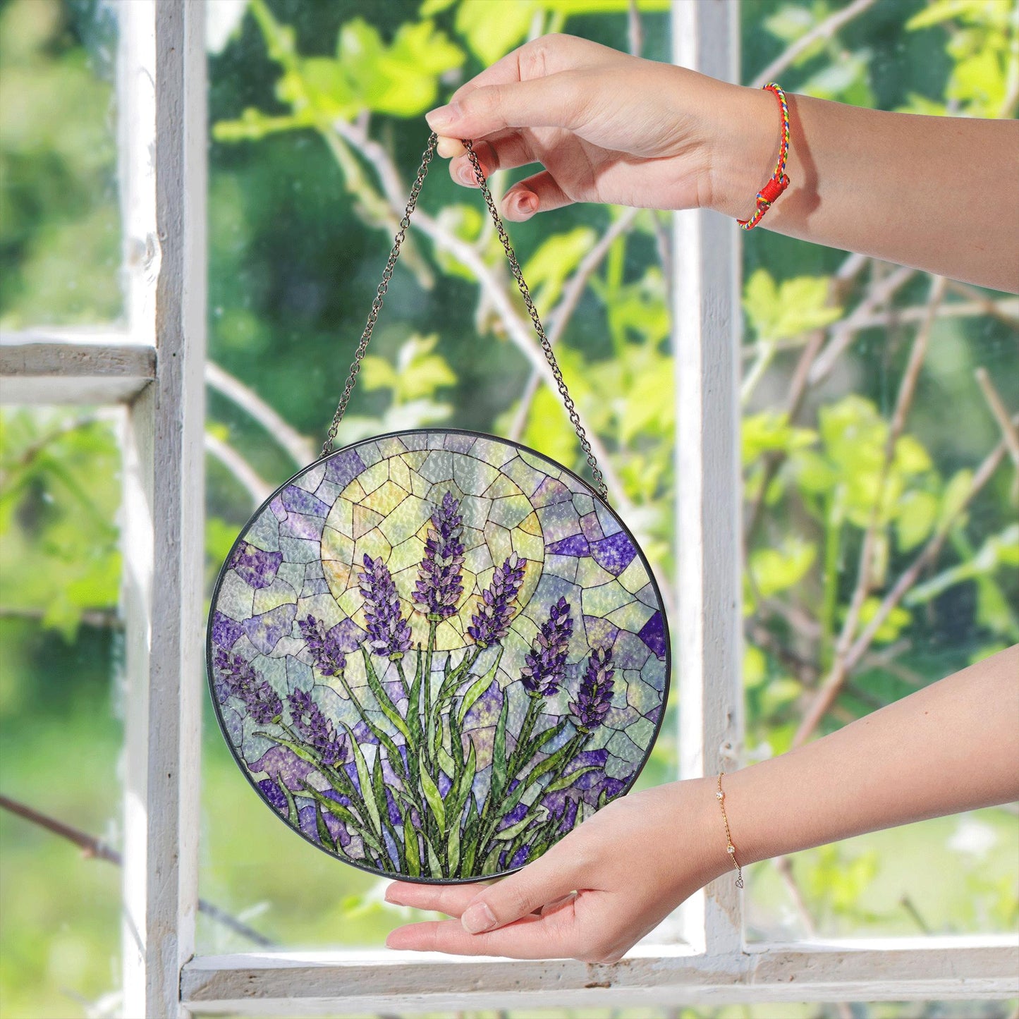 Lavender flower field glass suncatcher handmade window decor gift for garden lover