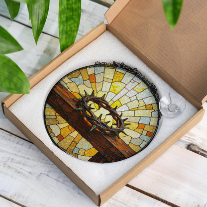 crown of thorns cross window art christian stained glass suncatcher gift for faithful dad