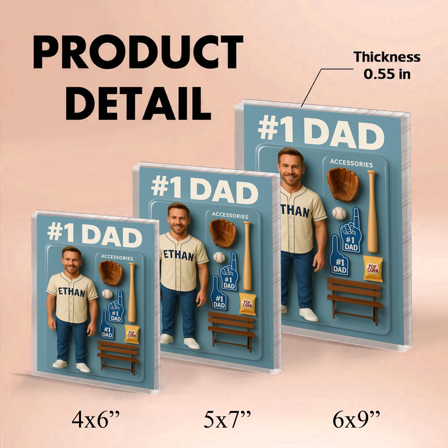 Custom Photo Baseball Dad Action Figure Pack Packaging Personalized Rectangle Acrylic Block Plaque,Father Day Gift for Dad,Gift for Husband