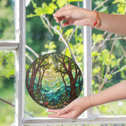 Forest trees and glowing light round window hanging stained glass suncatcher gift for nature lover