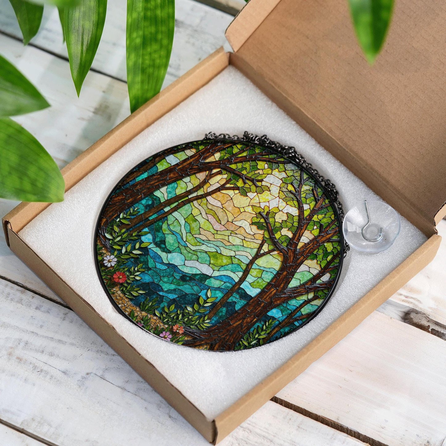 Forest trees and glowing light round window hanging stained glass suncatcher gift for nature lover