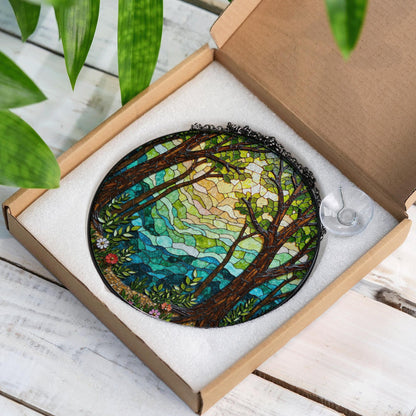 Forest trees and glowing light round window hanging stained glass suncatcher gift for nature lover