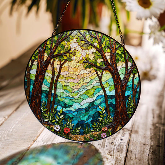 Forest trees and glowing light round window hanging stained glass suncatcher gift for nature lover