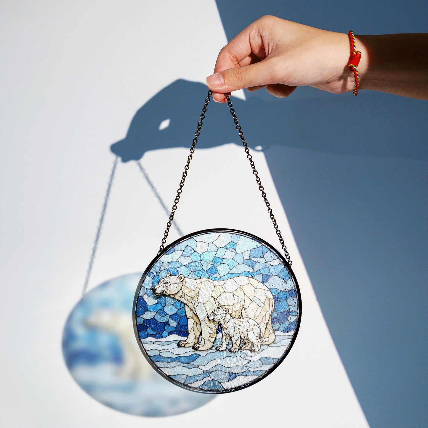 Polar Bear and Cub Art Glass Suncatcher Round Window Decor Gift for Wildlife Lover