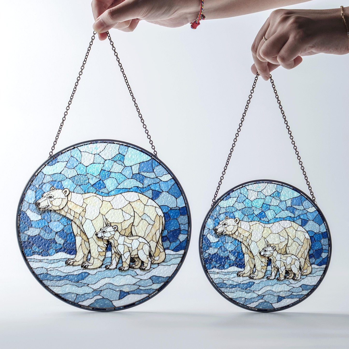Polar Bear and Cub Art Glass Suncatcher Round Window Decor Gift for Wildlife Lover