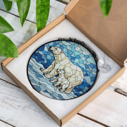 Polar Bear and Cub Art Glass Suncatcher Round Window Decor Gift for Wildlife Lover