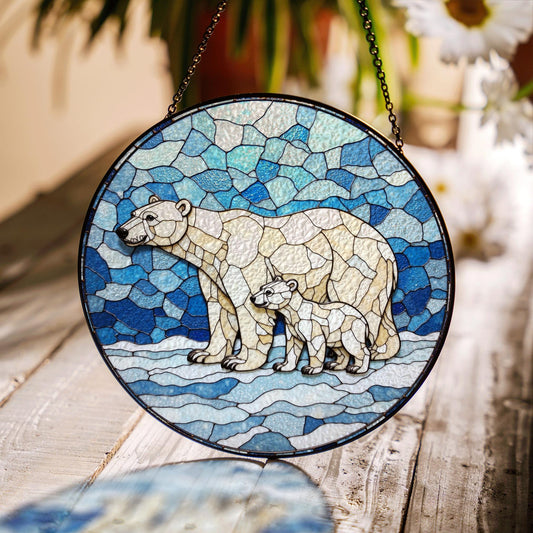 Polar Bear and Cub Art Glass Suncatcher Round Window Decor Gift for Wildlife Lover