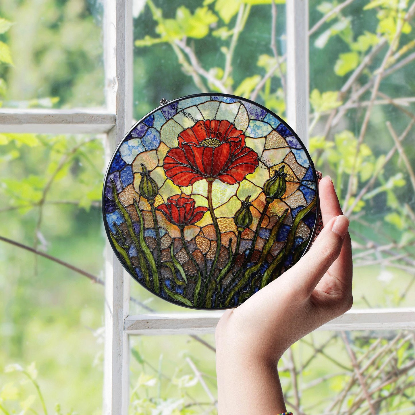 Vibrant red poppy flower field round suncatcher window decor gift for garden lovers