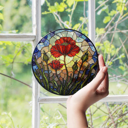 Vibrant red poppy flower field round suncatcher window decor gift for garden lovers
