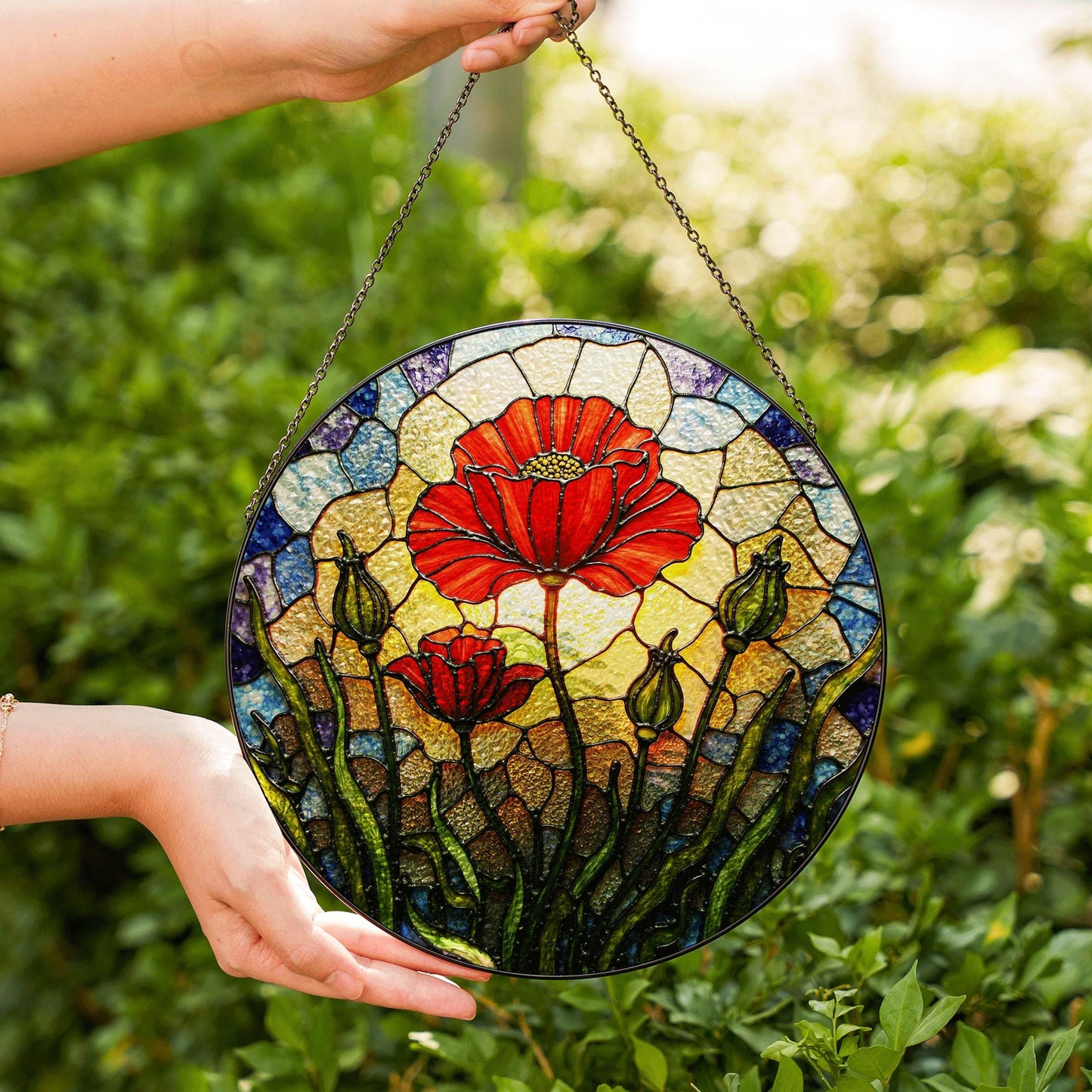 Vibrant red poppy flower field round suncatcher window decor gift for garden lovers