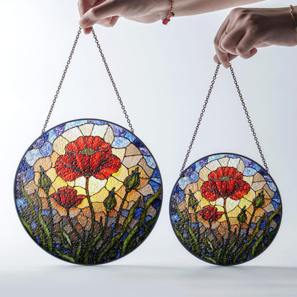 Vibrant red poppy flower field round suncatcher window decor gift for garden lovers