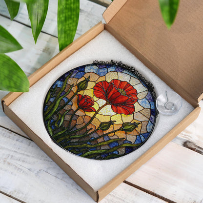 Vibrant red poppy flower field round suncatcher window decor gift for garden lovers