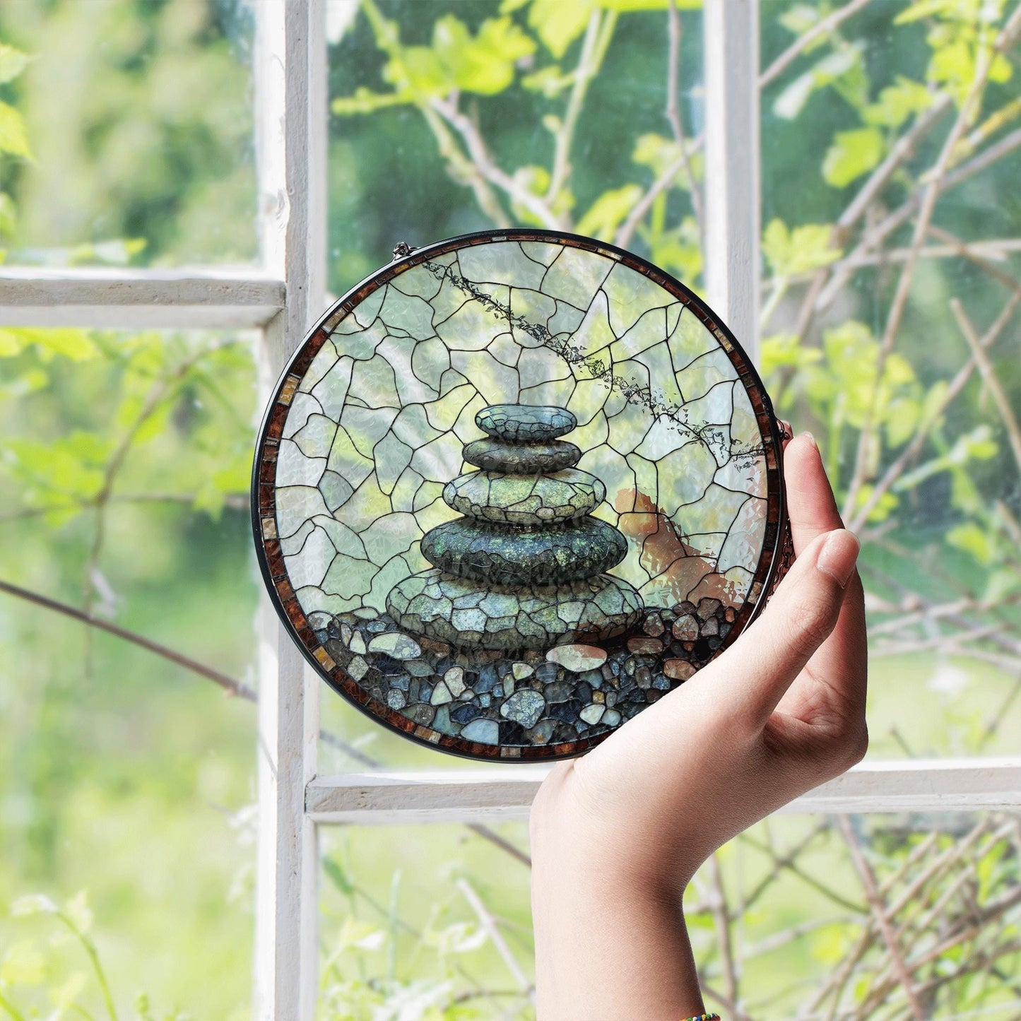Zen rock stack art round suncatcher window hanging gift for him her