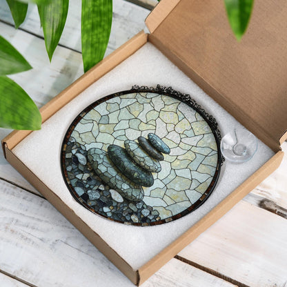 Zen rock stack art round suncatcher window hanging gift for him her