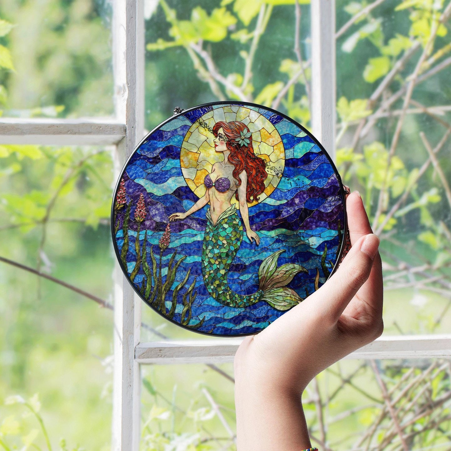 mermaid with red hair under sun in ocean waves stained glass suncatcher gift for sister