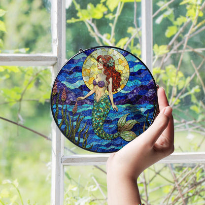 mermaid with red hair under sun in ocean waves stained glass suncatcher gift for sister