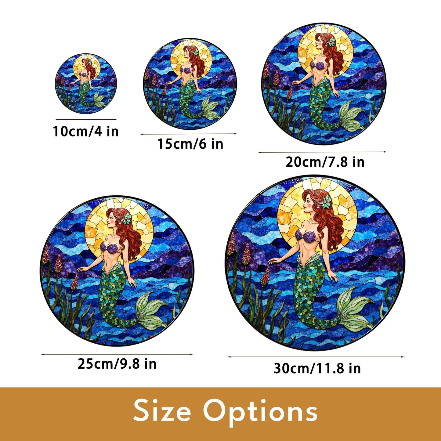 mermaid with red hair under sun in ocean waves stained glass suncatcher gift for sister