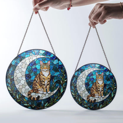 Tabby Cat on Crescent Moon Glass Suncatcher Handmade Window Decor Gift for Cat Lovers