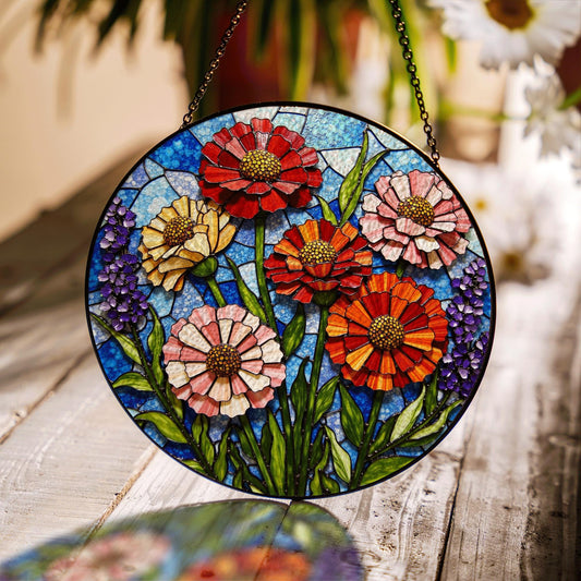 Colorful Zinnia Garden Glass Suncatcher Stained Glass Window Decor Gift for Flower Lover