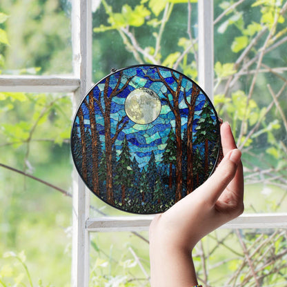 Moonlit forest scene glass suncatcher stained glass window hanging gift for nature lovers