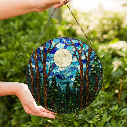 Moonlit forest scene glass suncatcher stained glass window hanging gift for nature lovers