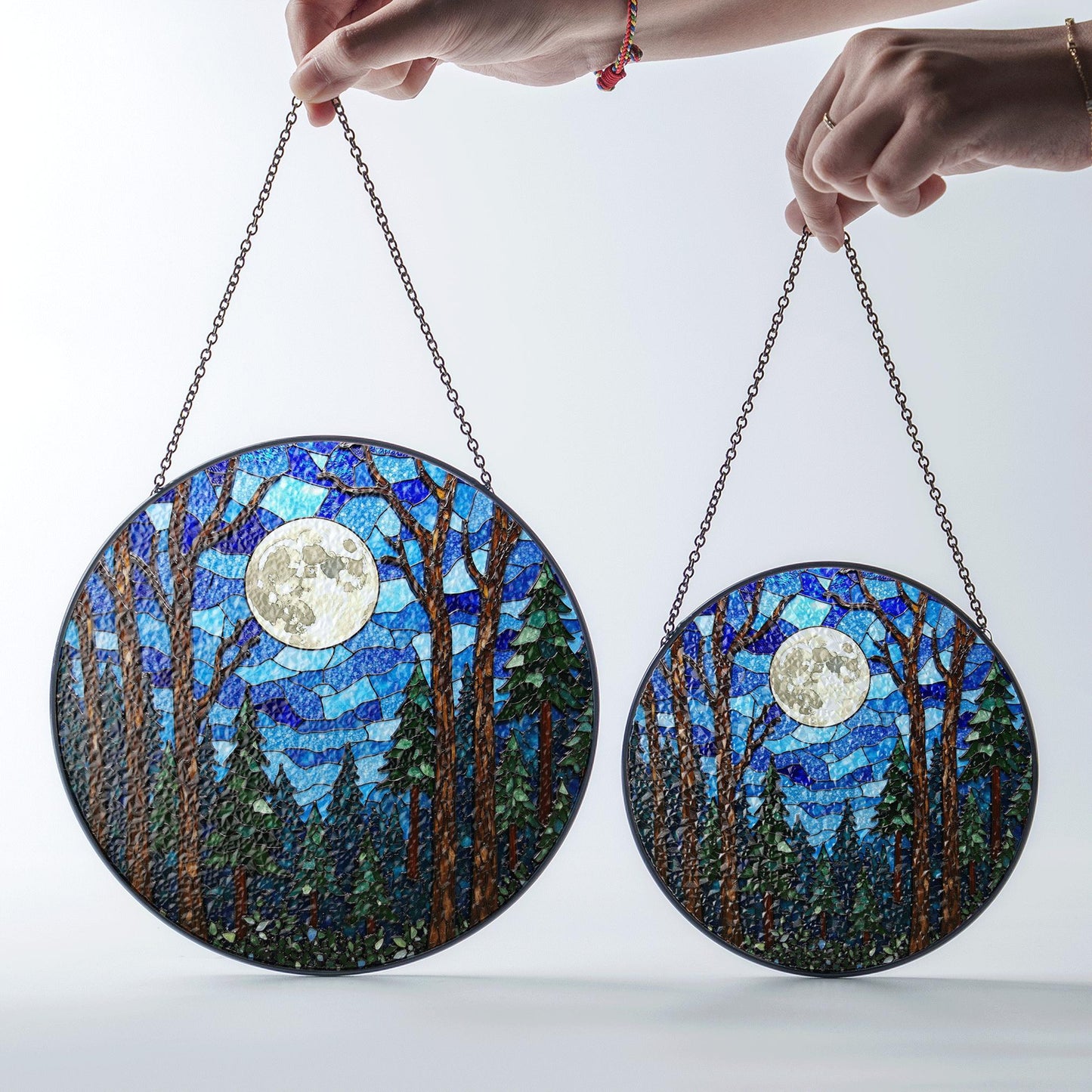 Moonlit forest scene glass suncatcher stained glass window hanging gift for nature lovers