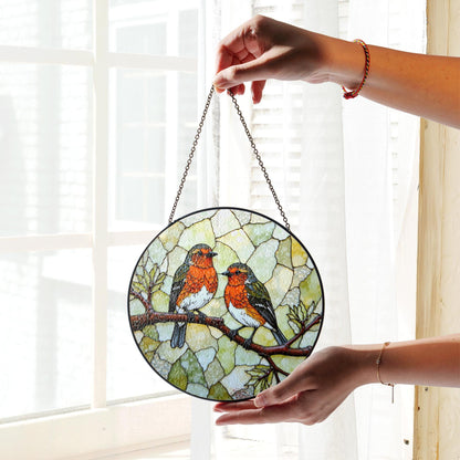 Two red robins on branch round suncatcher stained glass window decor gift for bird lovers