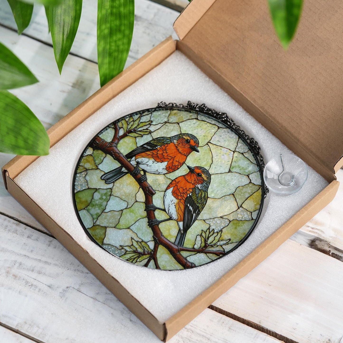 Two red robins on branch round suncatcher stained glass window decor gift for bird lovers
