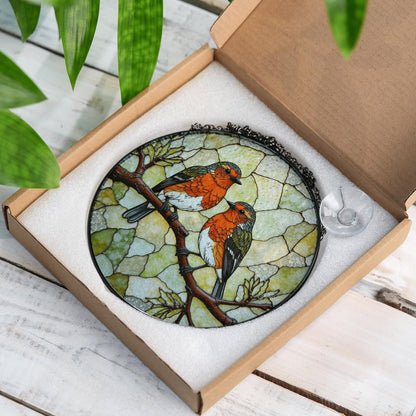 Two red robins on branch round suncatcher stained glass window decor gift for bird lovers