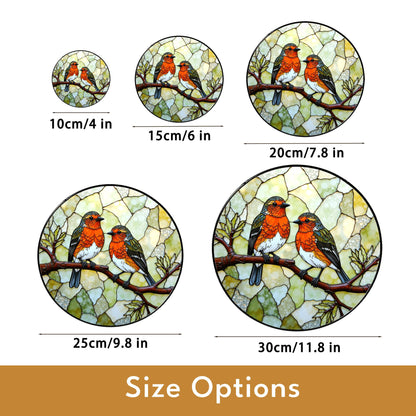 Two red robins on branch round suncatcher stained glass window decor gift for bird lovers