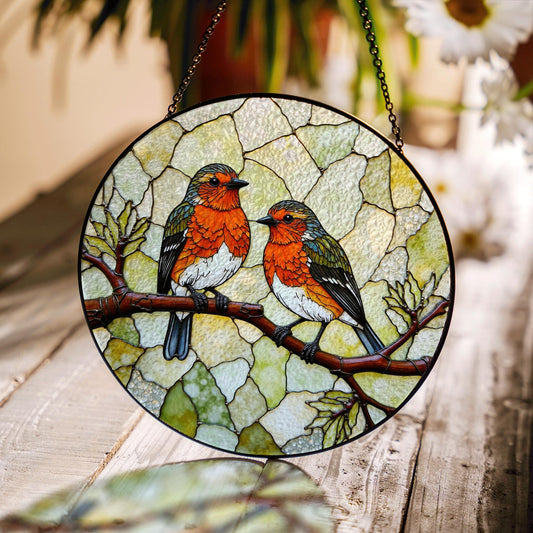 Two red robins on branch round suncatcher stained glass window decor gift for bird lovers