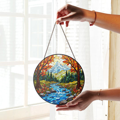 Autumn forest stream suncatcher stained glass mountain river panel gift for outdoor nature lover