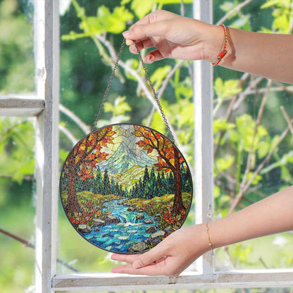 Autumn forest stream suncatcher stained glass mountain river panel gift for outdoor nature lover