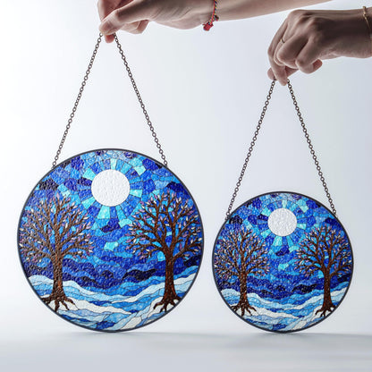 Winter trees under full moon blue stained glass round suncatcher window decor gift for nature lovers
