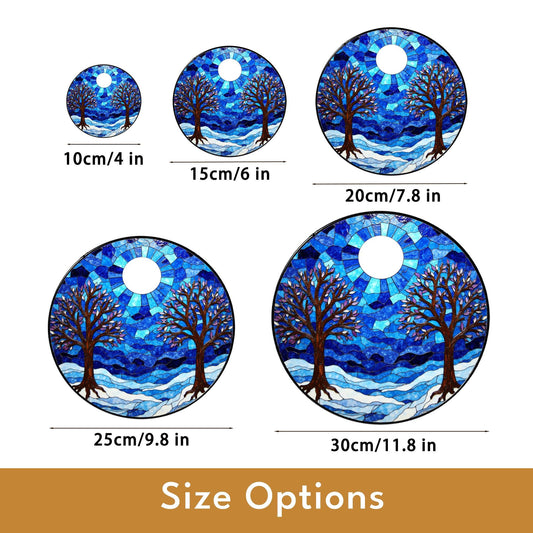 Winter trees under full moon blue stained glass round suncatcher window decor gift for nature lovers