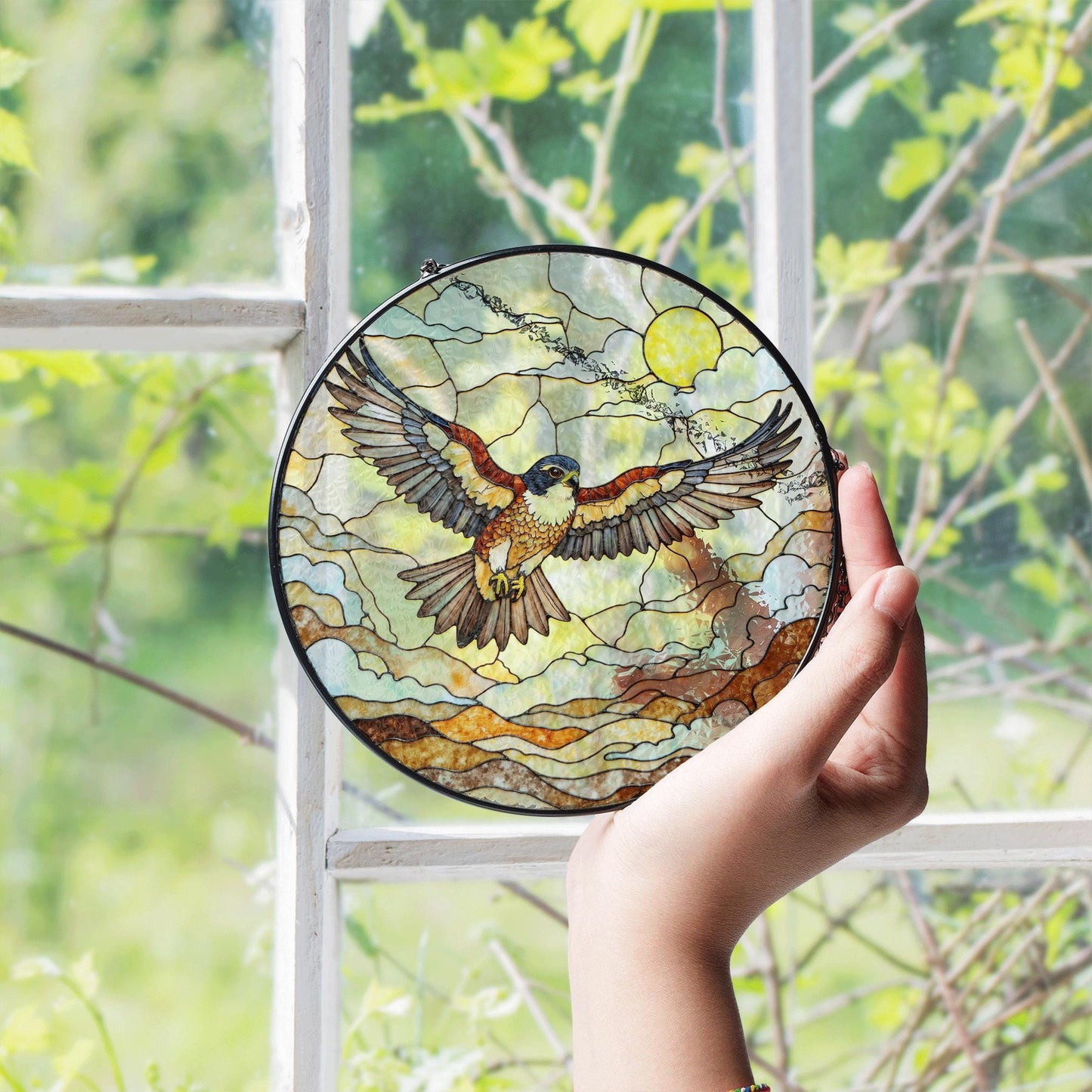 Flying hawk under sun stained glass bird suncatcher gift for dad