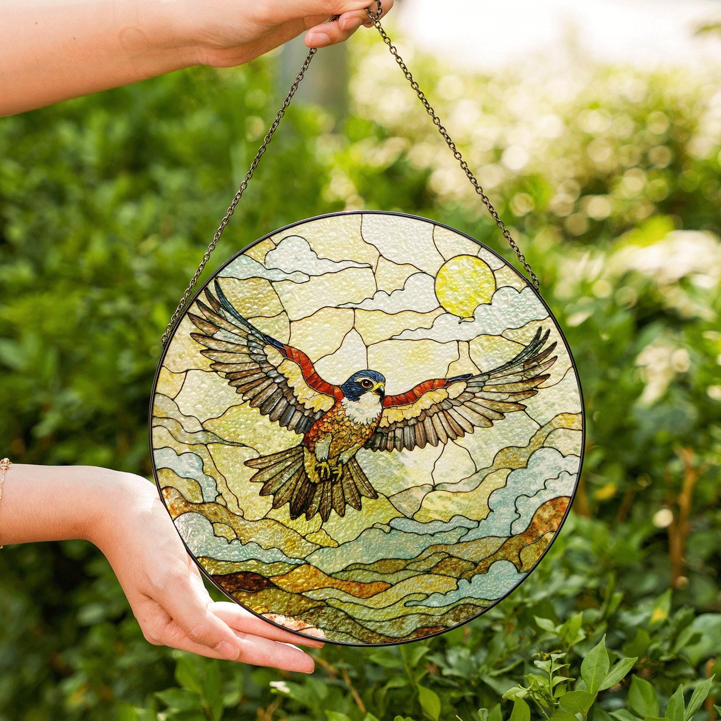 Flying hawk under sun stained glass bird suncatcher gift for dad