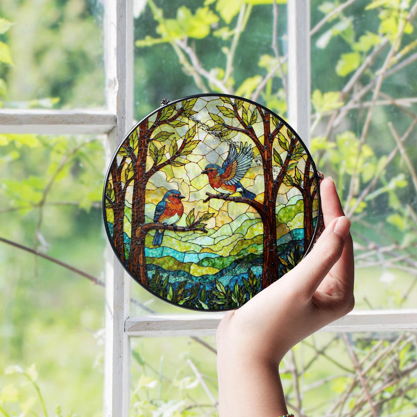 Bluebirds in forest round window suncatcher stained glass look gift for bird lovers