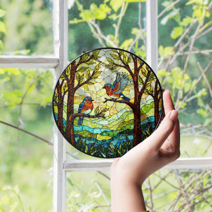 Bluebirds in forest round window suncatcher stained glass look gift for bird lovers