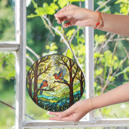 Bluebirds in forest round window suncatcher stained glass look gift for bird lovers