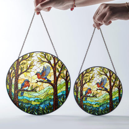 Bluebirds in forest round window suncatcher stained glass look gift for bird lovers