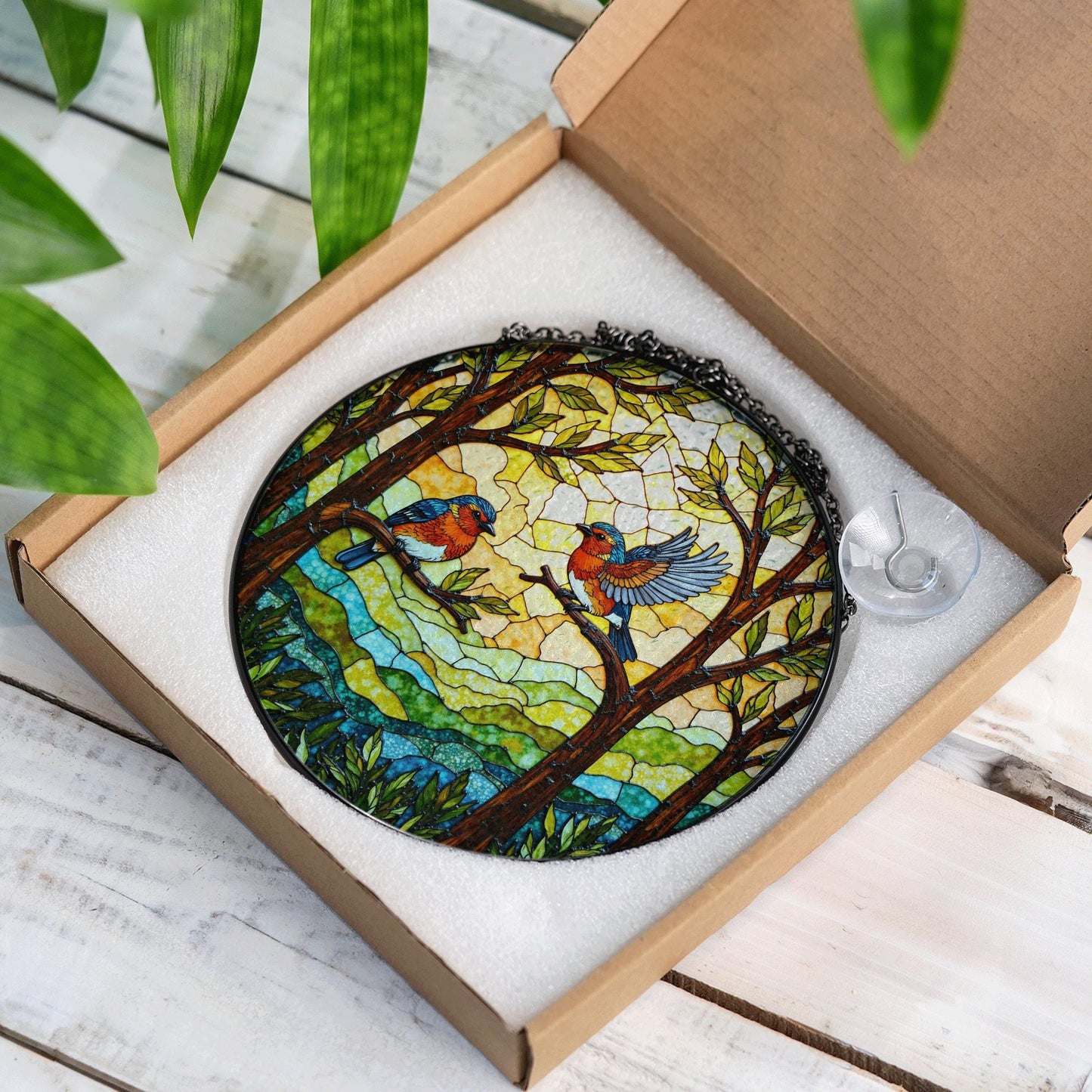 Bluebirds in forest round window suncatcher stained glass look gift for bird lovers