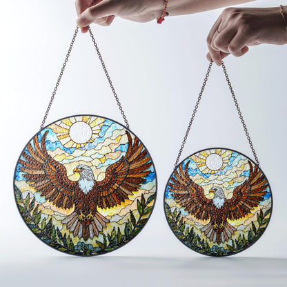 Bald Eagle Flying Stained Glass Round Panel Window Hanging Suncatcher Gift for Dad or Nature Lover