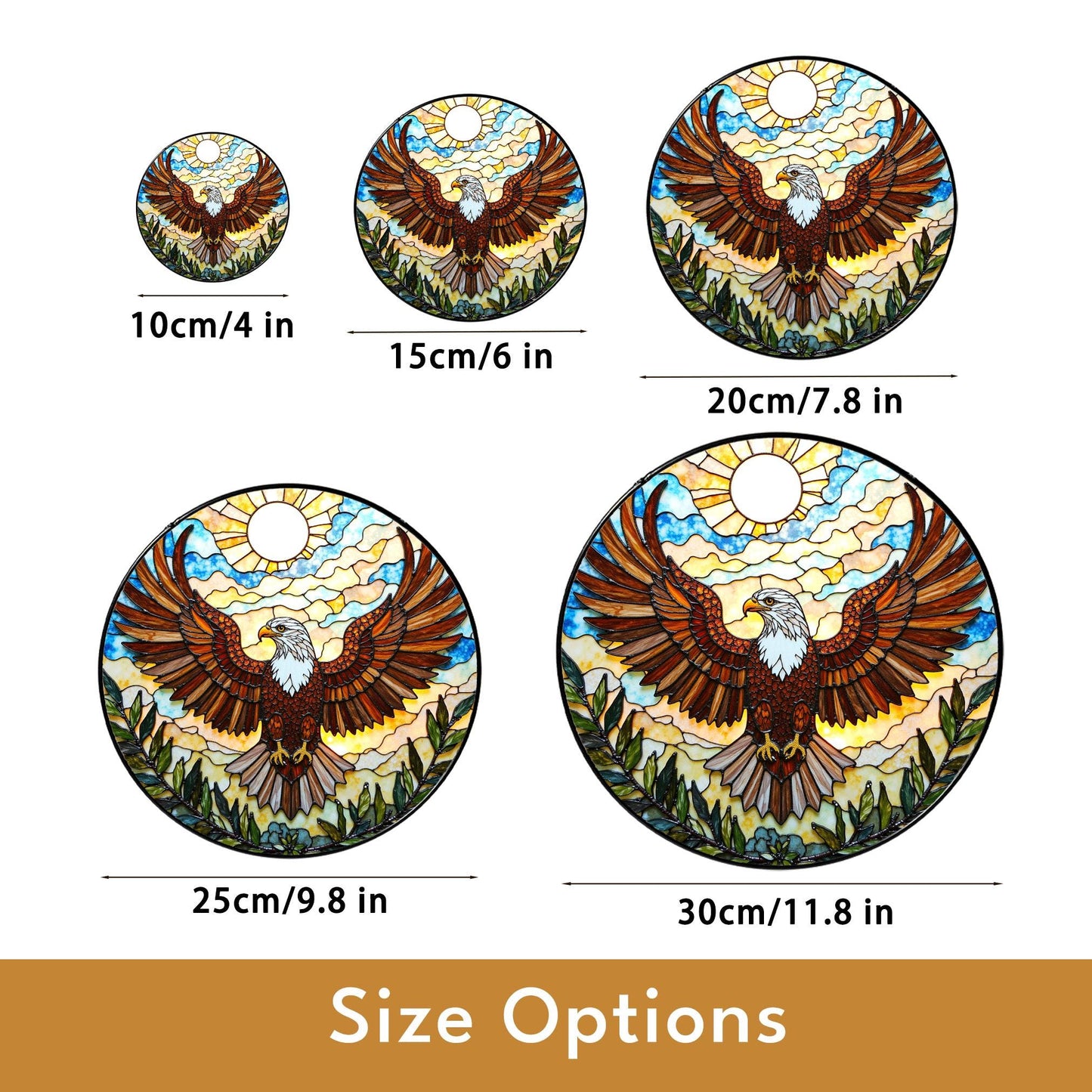 Bald Eagle Flying Stained Glass Round Panel Window Hanging Suncatcher Gift for Dad or Nature Lover