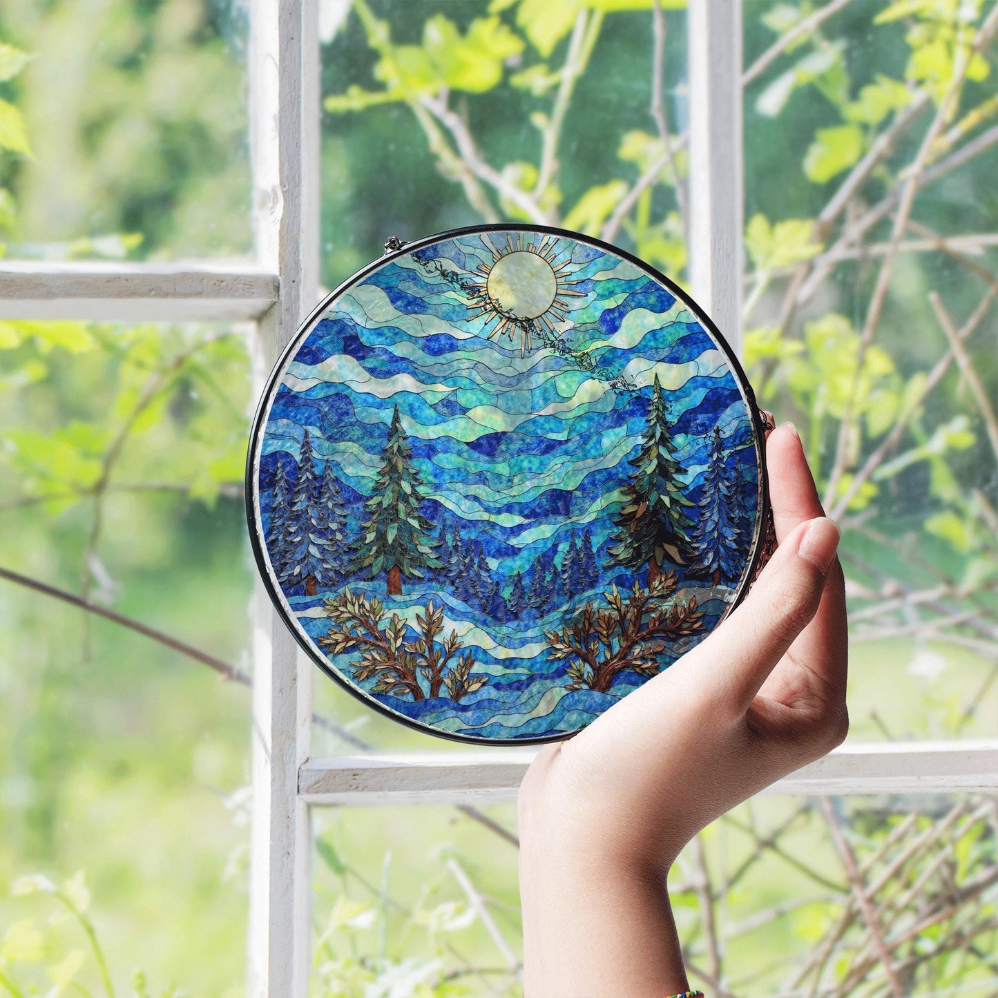 Mountain forest sun design suncatcher stained glass window art gift for nature lover