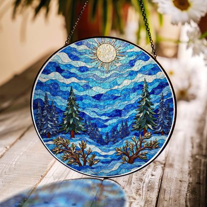 Mountain forest sun design suncatcher stained glass window art gift for nature lover
