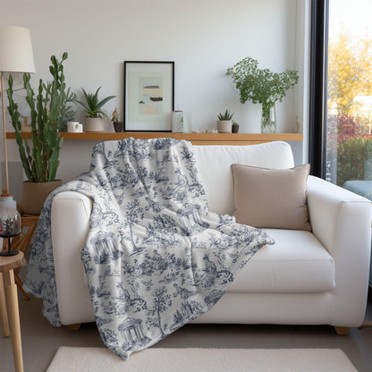 Chinoiserie Blanket Toile De Jouy Home Decor Blue White Toile Fleece Throw Blanket French Country Lap Blanket Chinoiserie Nursery Decor