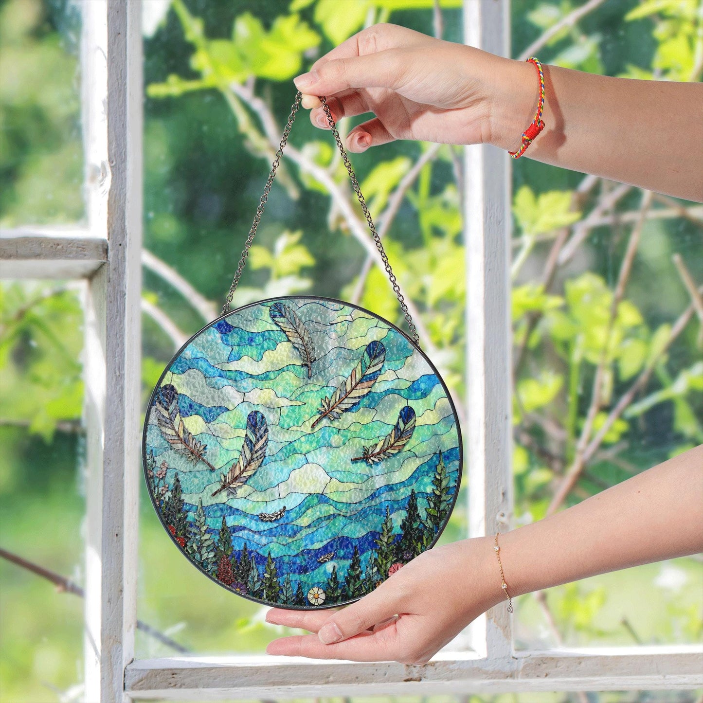 drifting feathers in mountain sky blue stained glass suncatcher gift for nature lovers